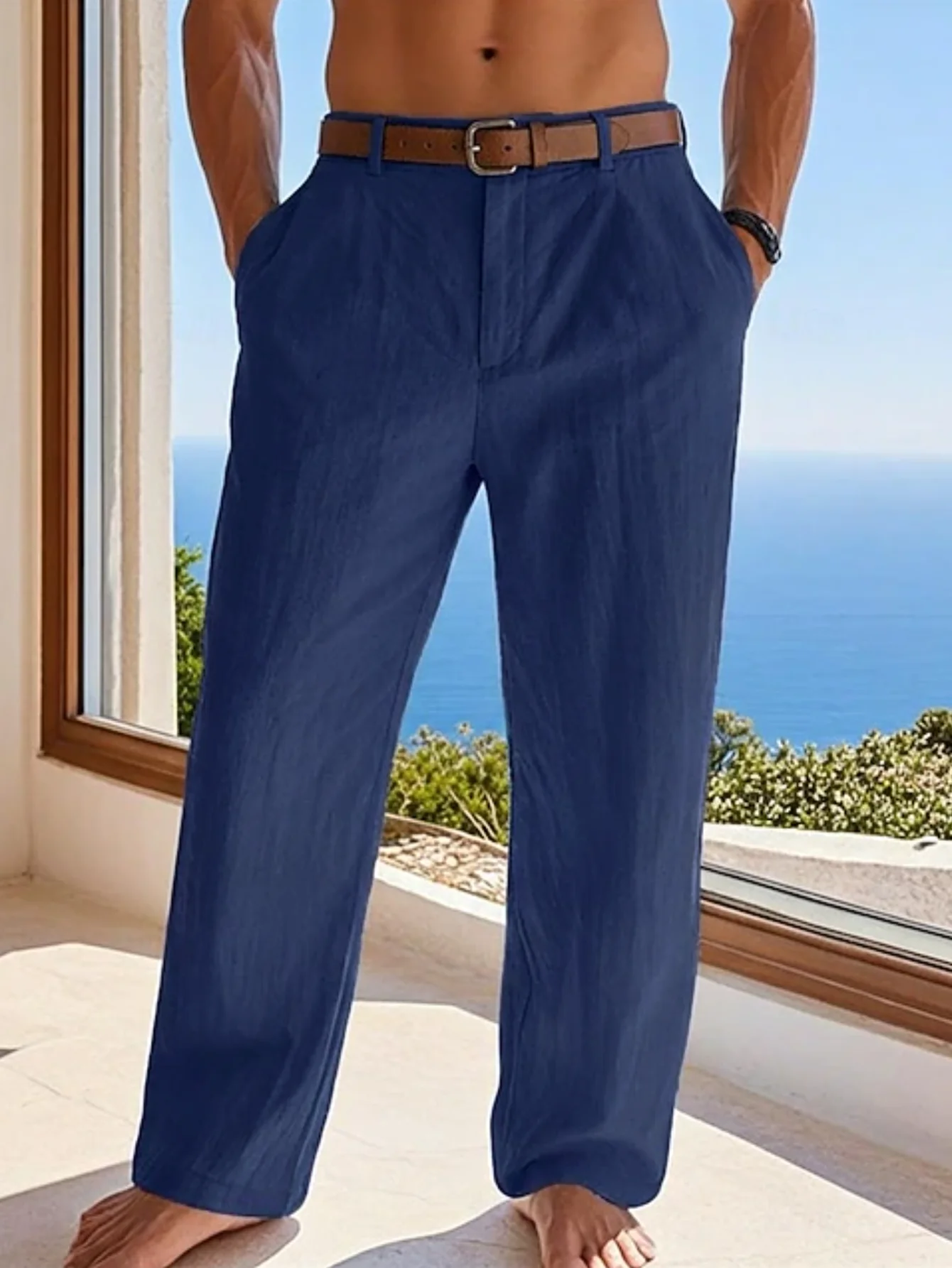 New Autumn and Winter Linen Men's Drape Straight-Leg Trousers, Casual Linen Straight-Leg Trousers for Beach Vacation