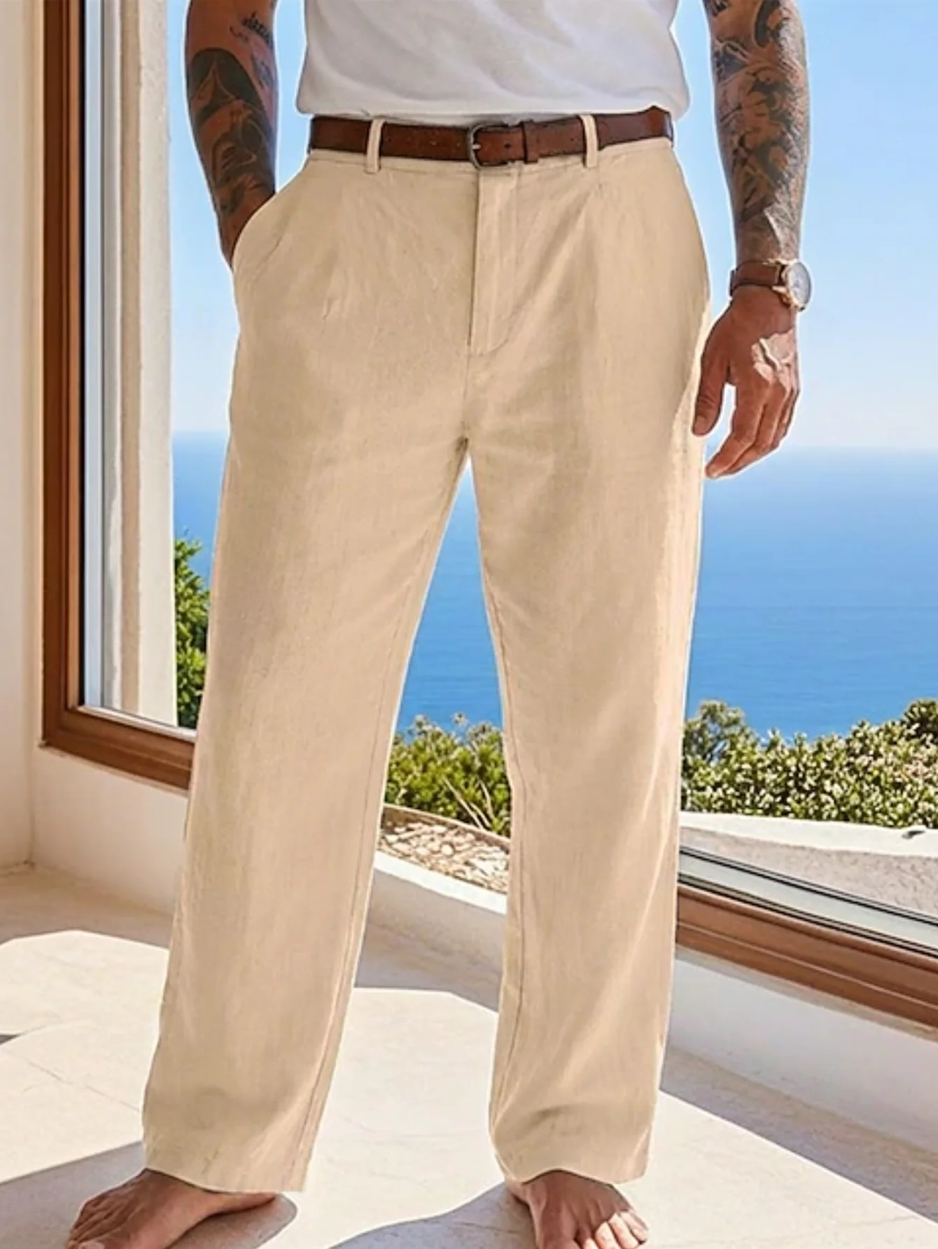 New Autumn and Winter Linen Men's Drape Straight-Leg Trousers, Casual Linen Straight-Leg Trousers for Beach Vacation