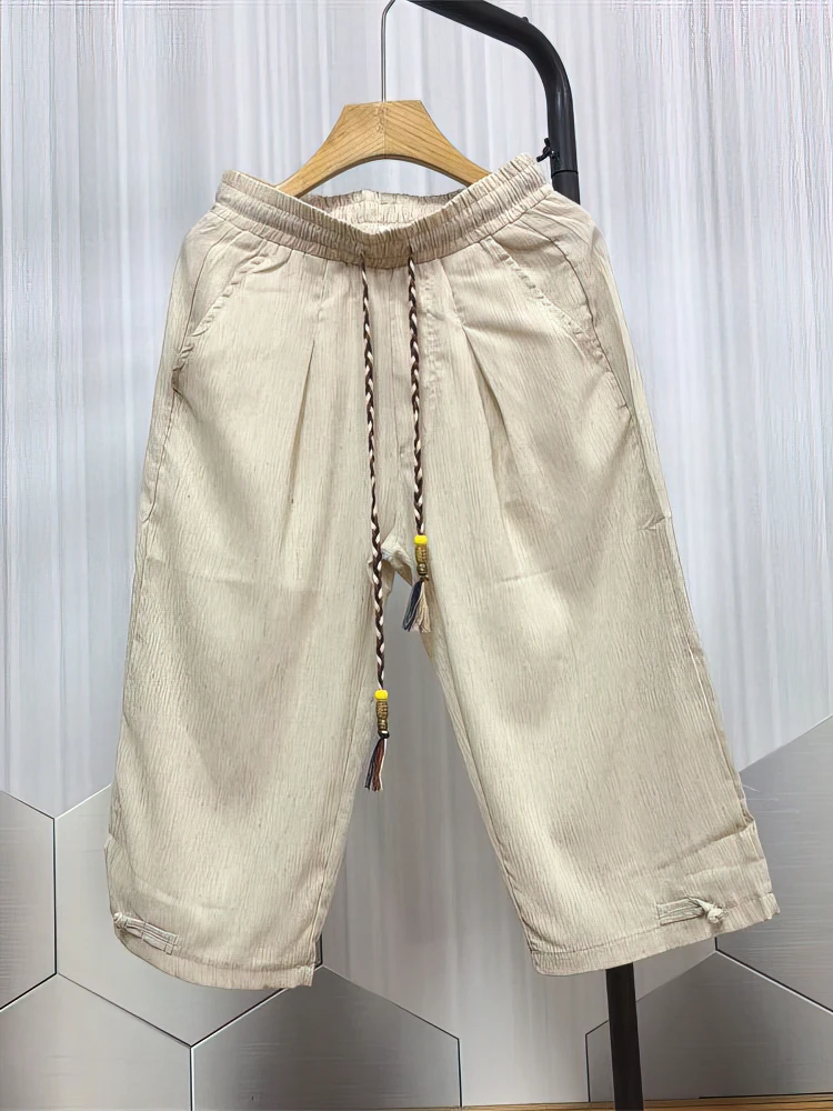 Summer Beach Cotton Linen Shorts Men Baggy Wide leg Casual Capris Pants Male Sport Running Shorts 2025 Linen Trousers