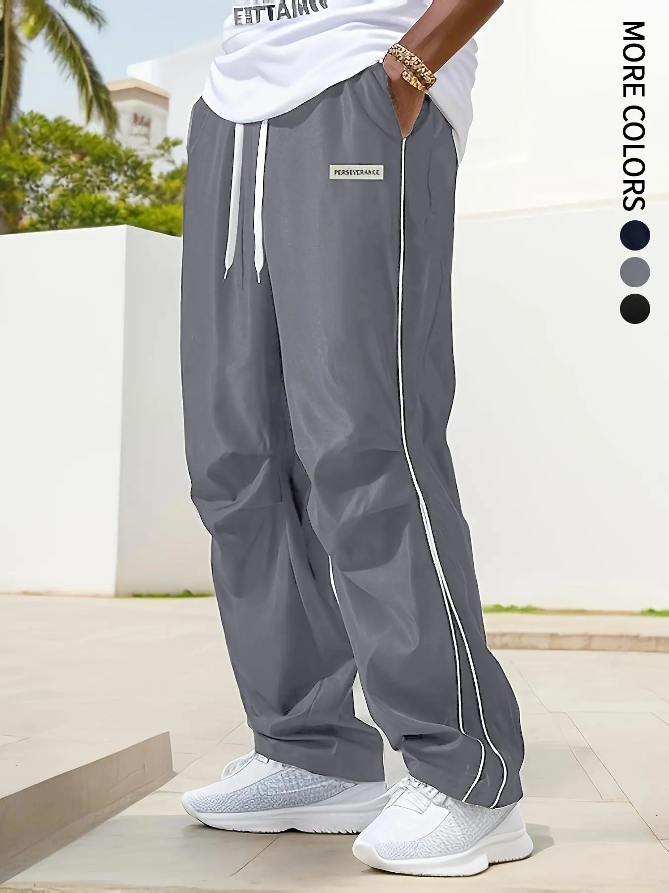 Men's Regular Plain Sports Straight Pants with Drawstrings and Elastic Waistband, Reflective Webbing Design, Suitable for Daily Leisure, Street Basketball, Fitness, Multi-Scenario Matchinging, Suitable for All Seasons