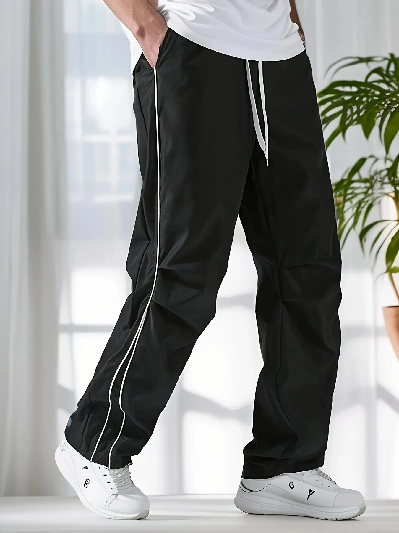 Men's Regular Plain Sports Straight Pants with Drawstrings and Elastic Waistband, Reflective Webbing Design, Suitable for Daily Leisure, Street Basketball, Fitness, Multi-Scenario Matchinging, Suitable for All Seasons