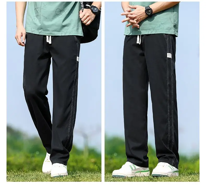 Men's Summer Soft Lyocell Fabric Jeans Thin Loose Straight Denim Pants Drawstring Elastic Waist Casual Trousers Plus Size M-5XL
