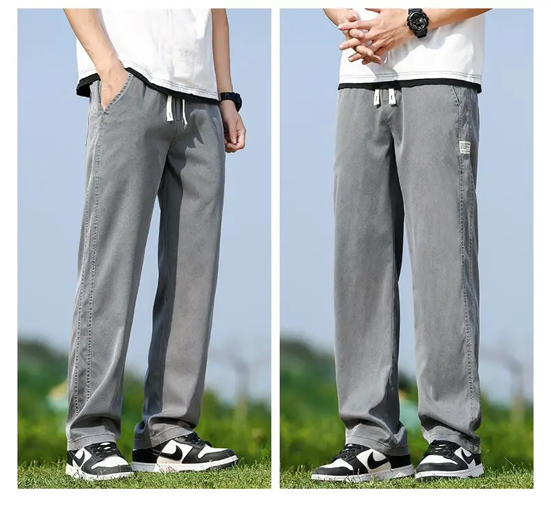 Men's Summer Soft Lyocell Fabric Jeans Thin Loose Straight Denim Pants Drawstring Elastic Waist Casual Trousers Plus Size M-5XL