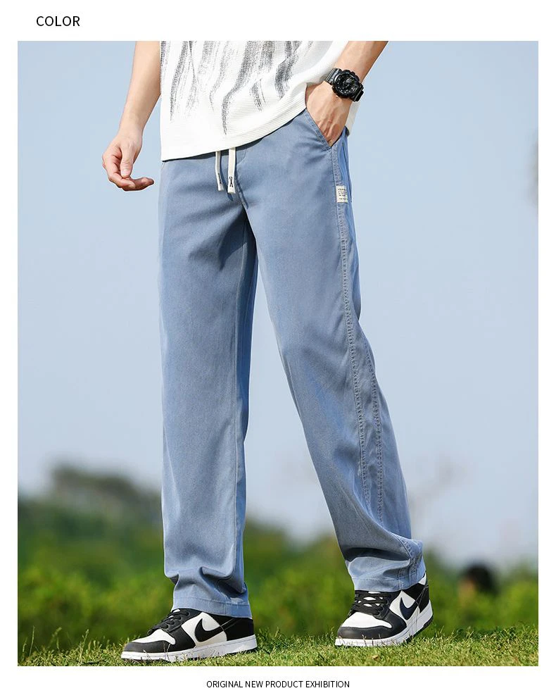 Men's Summer Soft Lyocell Fabric Jeans Thin Loose Straight Denim Pants Drawstring Elastic Waist Casual Trousers Plus Size M-5XL