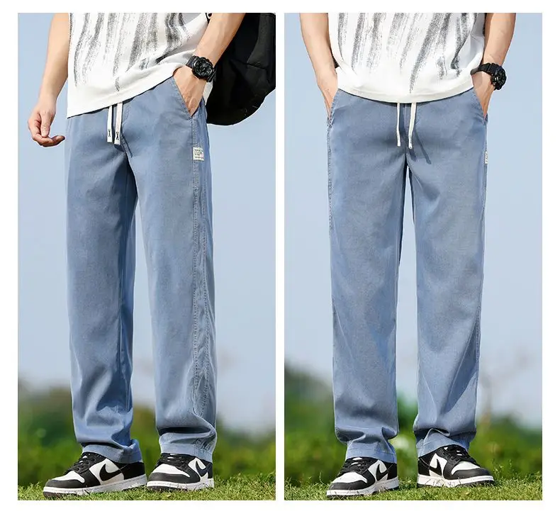 Men's Summer Soft Lyocell Fabric Jeans Thin Loose Straight Denim Pants Drawstring Elastic Waist Casual Trousers Plus Size M-5XL