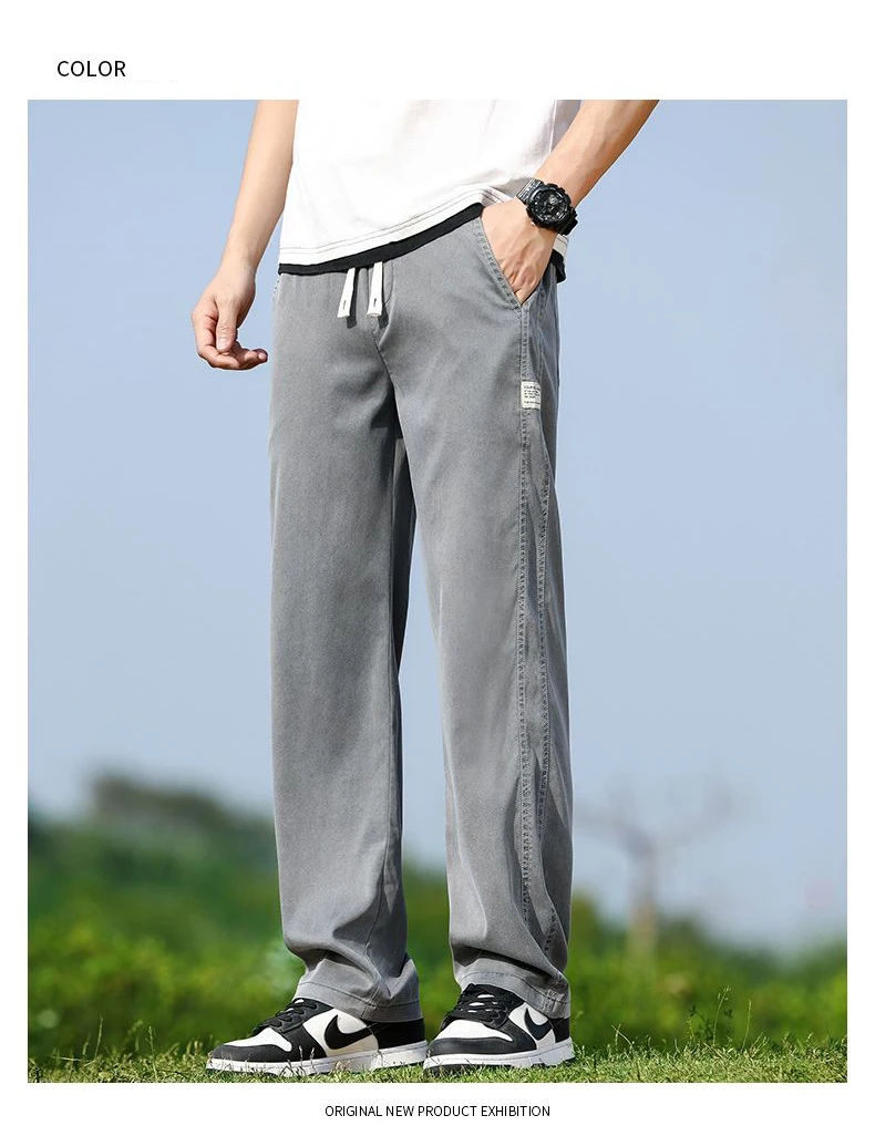 Men's Summer Soft Lyocell Fabric Jeans Thin Loose Straight Denim Pants Drawstring Elastic Waist Casual Trousers Plus Size M-5XL
