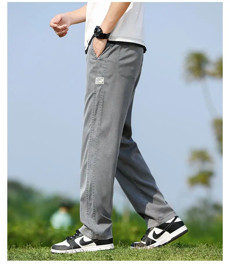 Men's Summer Soft Lyocell Fabric Jeans Thin Loose Straight Denim Pants Drawstring Elastic Waist Casual Trousers Plus Size M-5XL