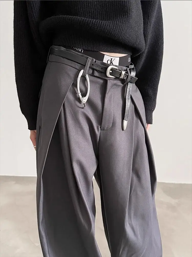 Harajuku Work Wear Wide Leg Suit Pants Men Business Pleated Curved Straight Long Trousers Streetwear Loose Casual Baggy Pants