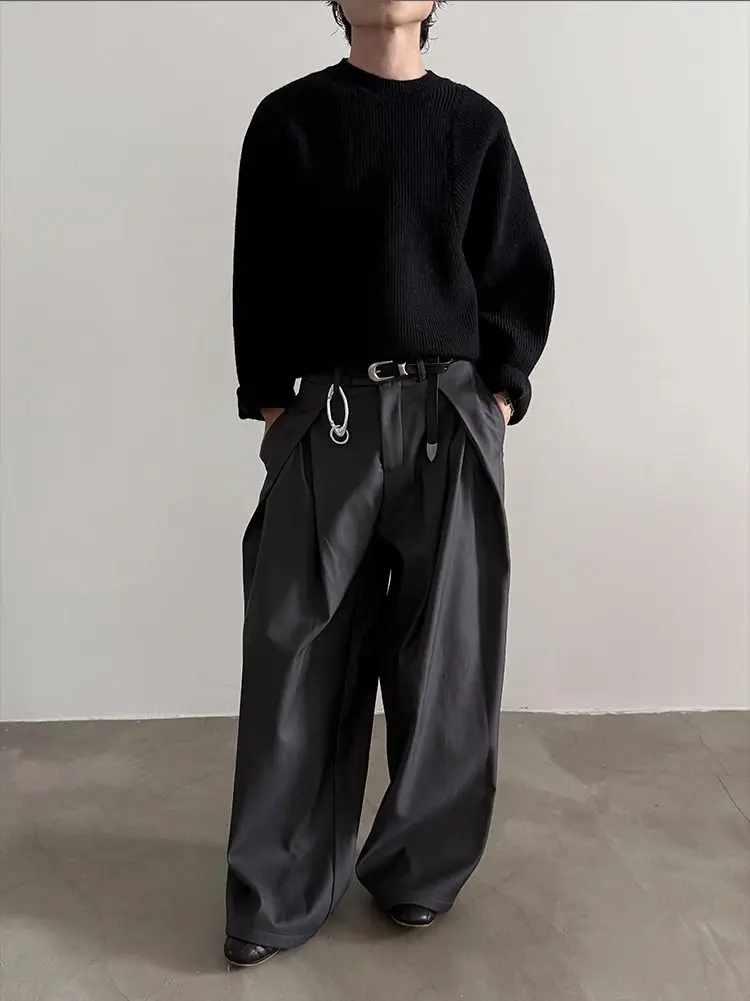 Harajuku Work Wear Wide Leg Suit Pants Men Business Pleated Curved Straight Long Trousers Streetwear Loose Casual Baggy Pants