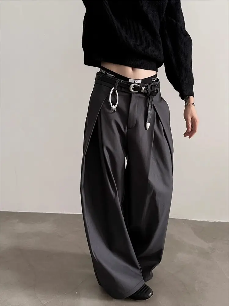 Harajuku Work Wear Wide Leg Suit Pants Men Business Pleated Curved Straight Long Trousers Streetwear Loose Casual Baggy Pants