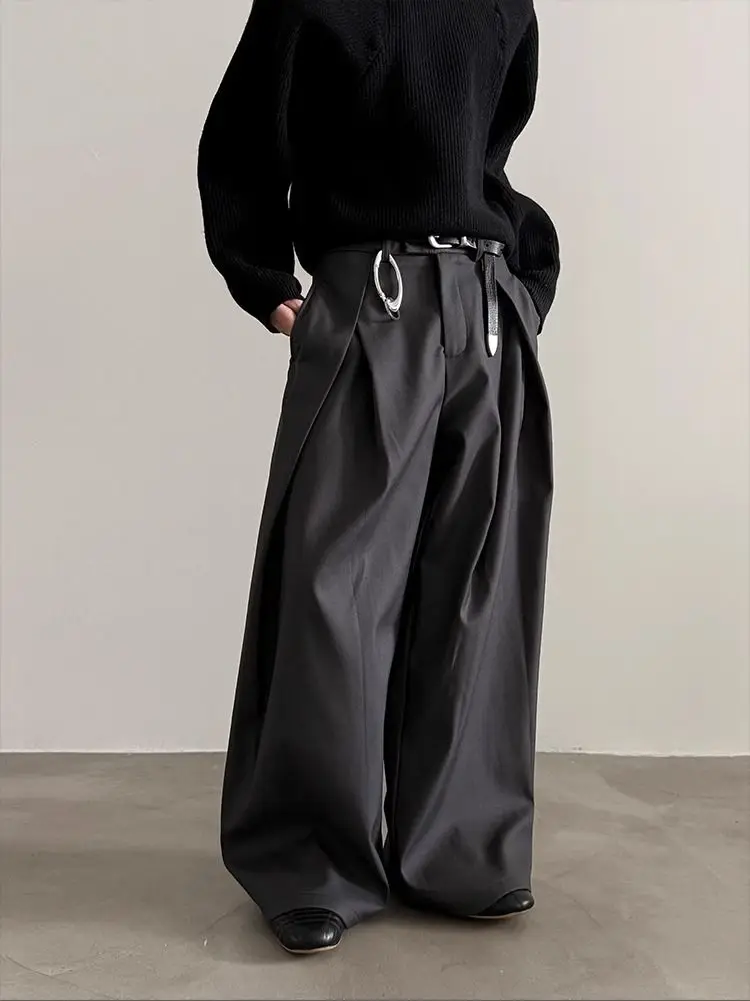 Harajuku Work Wear Wide Leg Suit Pants Men Business Pleated Curved Straight Long Trousers Streetwear Loose Casual Baggy Pants