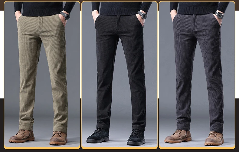 Khaki Black Gray Fleece Men's Corduroy Casual Pants Chenille Thick Stretch Business Trousers Mid-rise Brand Winter Thermal Pants
