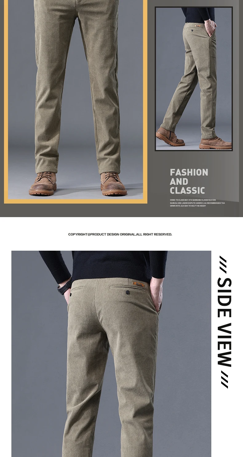 Khaki Black Gray Fleece Men's Corduroy Casual Pants Chenille Thick Stretch Business Trousers Mid-rise Brand Winter Thermal Pants