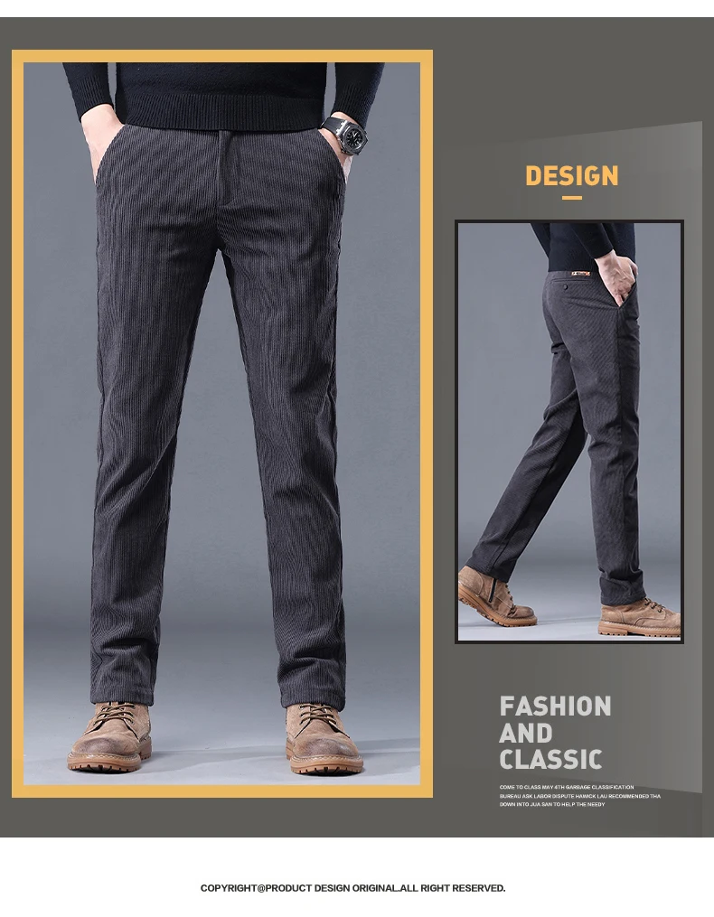 Khaki Black Gray Fleece Men's Corduroy Casual Pants Chenille Thick Stretch Business Trousers Mid-rise Brand Winter Thermal Pants