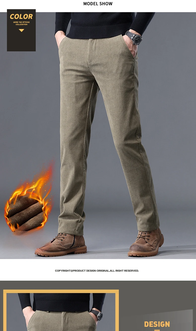 Khaki Black Gray Fleece Men's Corduroy Casual Pants Chenille Thick Stretch Business Trousers Mid-rise Brand Winter Thermal Pants