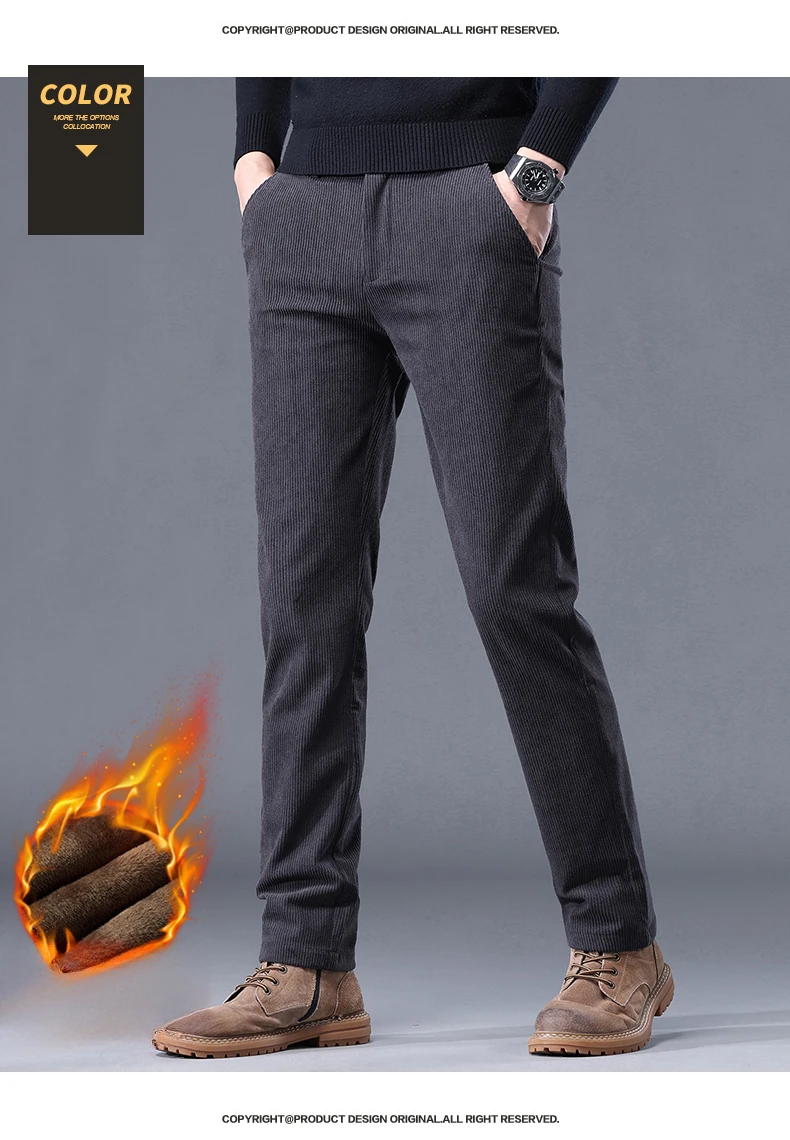 Khaki Black Gray Fleece Men's Corduroy Casual Pants Chenille Thick Stretch Business Trousers Mid-rise Brand Winter Thermal Pants