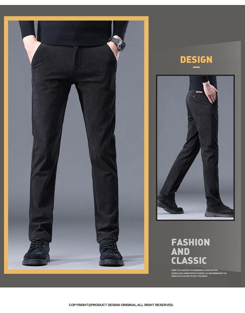 Khaki Black Gray Fleece Men's Corduroy Casual Pants Chenille Thick Stretch Business Trousers Mid-rise Brand Winter Thermal Pants