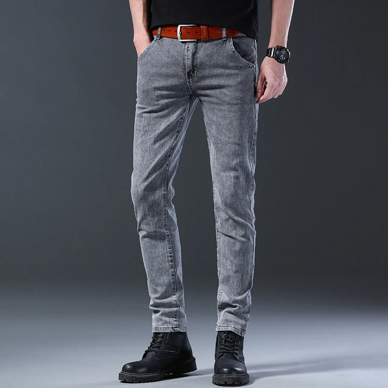New Style Jeans, Men's Slim Fit, Korean Style Comfortable Straight Leg Elastic Gray Mid Waist Pants, Men's Casual Denim Pants