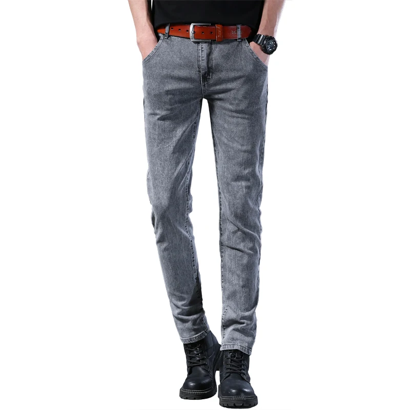 New Style Jeans, Men's Slim Fit, Korean Style Comfortable Straight Leg Elastic Gray Mid Waist Pants, Men's Casual Denim Pants