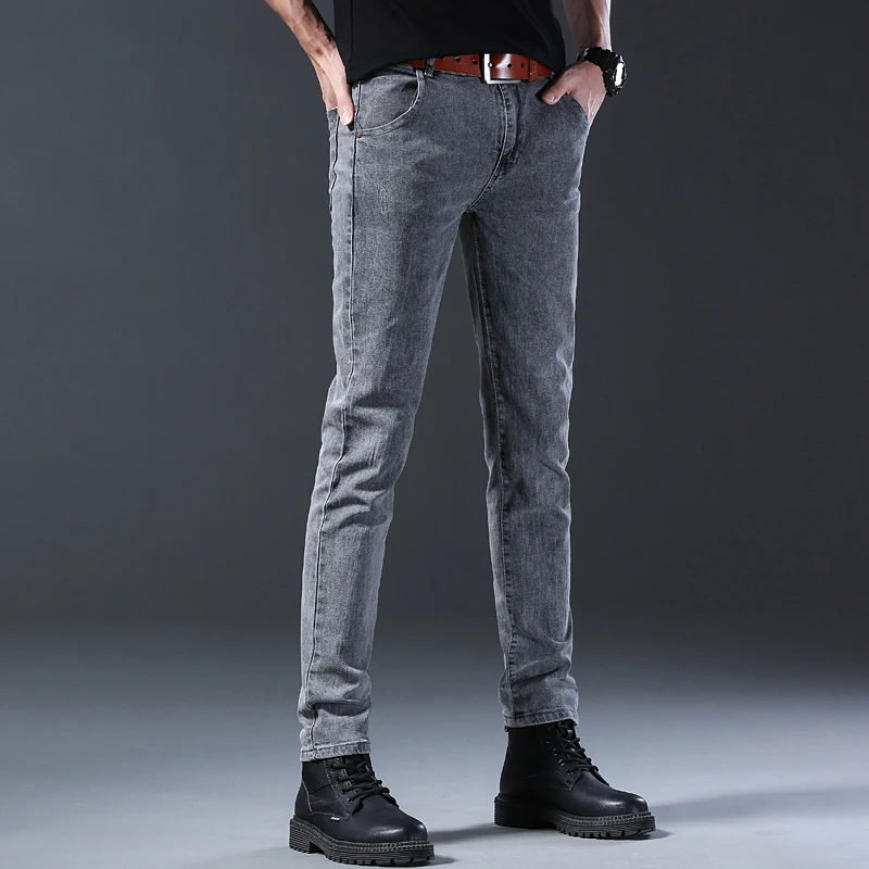New Style Jeans, Men's Slim Fit, Korean Style Comfortable Straight Leg Elastic Gray Mid Waist Pants, Men's Casual Denim Pants