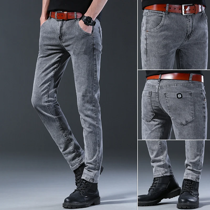 New Style Jeans, Men's Slim Fit, Korean Style Comfortable Straight Leg Elastic Gray Mid Waist Pants, Men's Casual Denim Pants