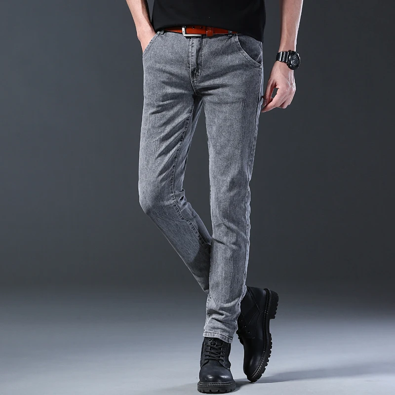 New Style Jeans, Men's Slim Fit, Korean Style Comfortable Straight Leg Elastic Gray Mid Waist Pants, Men's Casual Denim Pants