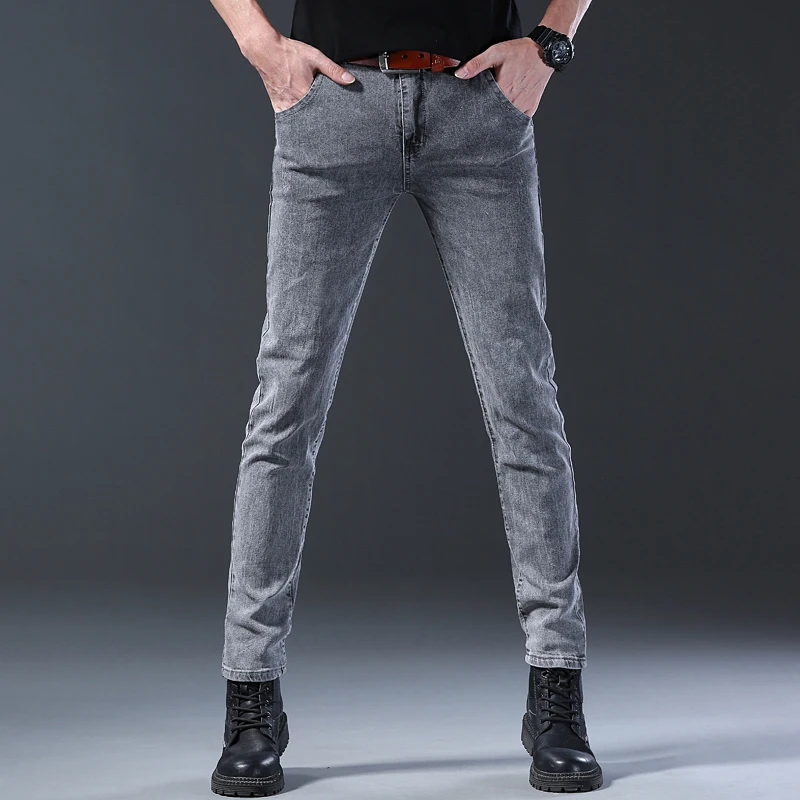 New Style Jeans, Men's Slim Fit, Korean Style Comfortable Straight Leg Elastic Gray Mid Waist Pants, Men's Casual Denim Pants