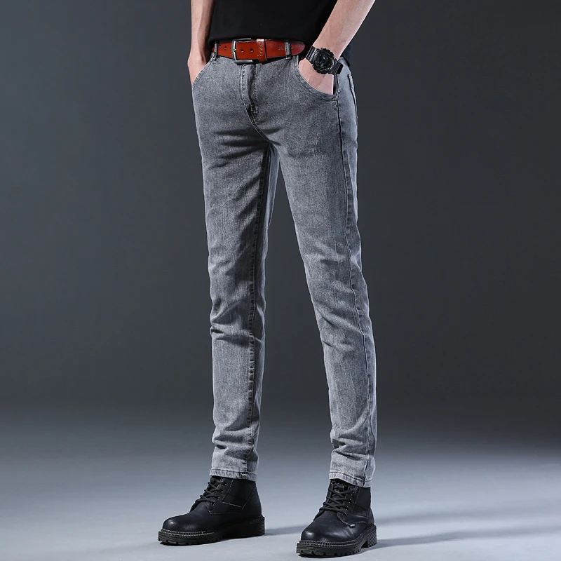 New Style Jeans, Men's Slim Fit, Korean Style Comfortable Straight Leg Elastic Gray Mid Waist Pants, Men's Casual Denim Pants