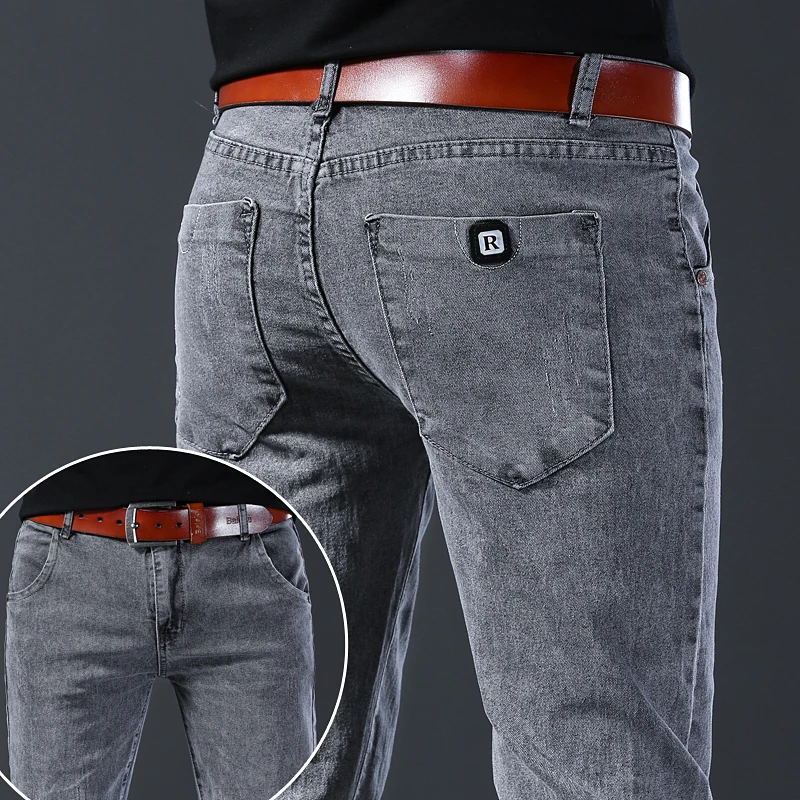New Style Jeans, Men's Slim Fit, Korean Style Comfortable Straight Leg Elastic Gray Mid Waist Pants, Men's Casual Denim Pants