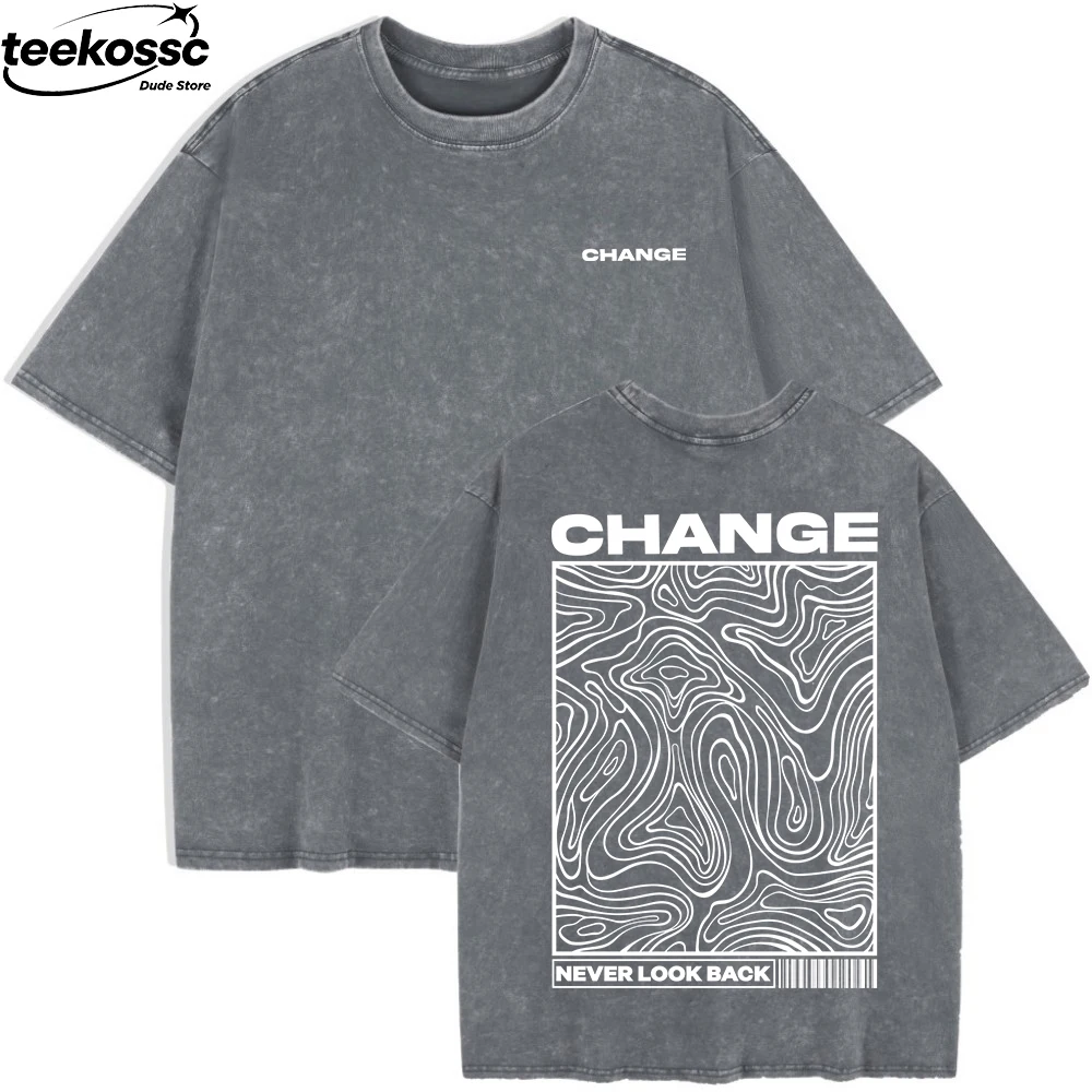 Change Never Look Back Printed Washed T-Shirts Womens Cotton Oversize T Shirt Summer Short Sleeve Tops Casual O-Neck Clothes