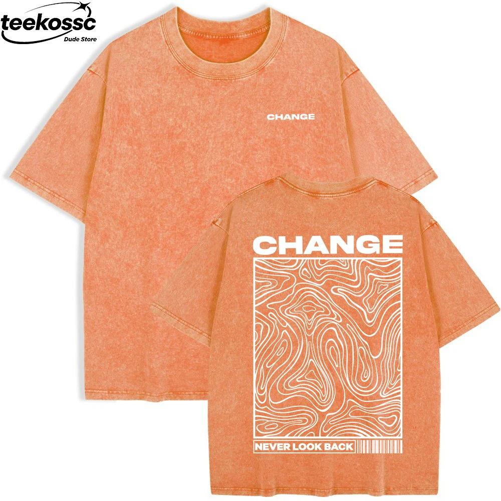 Change Never Look Back Printed Washed T-Shirts Womens Cotton Oversize T Shirt Summer Short Sleeve Tops Casual O-Neck Clothes