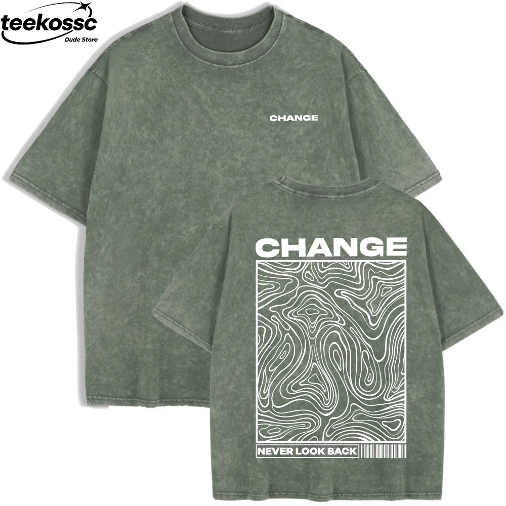 Change Never Look Back Printed Washed T-Shirts Womens Cotton Oversize T Shirt Summer Short Sleeve Tops Casual O-Neck Clothes
