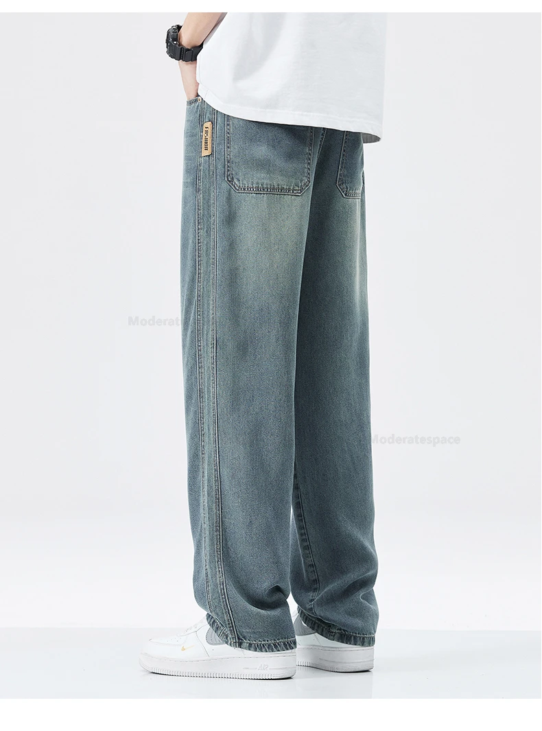 Stretch Jeans Men's 2024 New Lyocell Fabric High Quality Soft Loose Wide Pants Elastic Waist Casual Denim Trousers Streetwear
