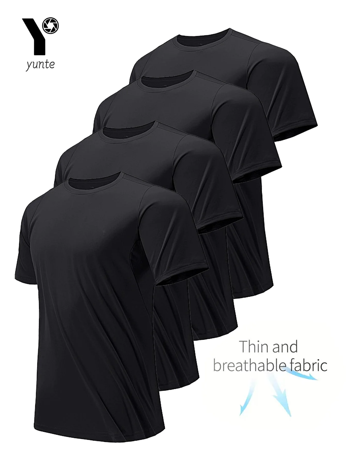 Round Neck T-Shirt 4-Pack Black Ultra-Light Men's Quick-Drying Breathable Sweat-Absorbent Shirt Suitable for Fitness Gym and Running
