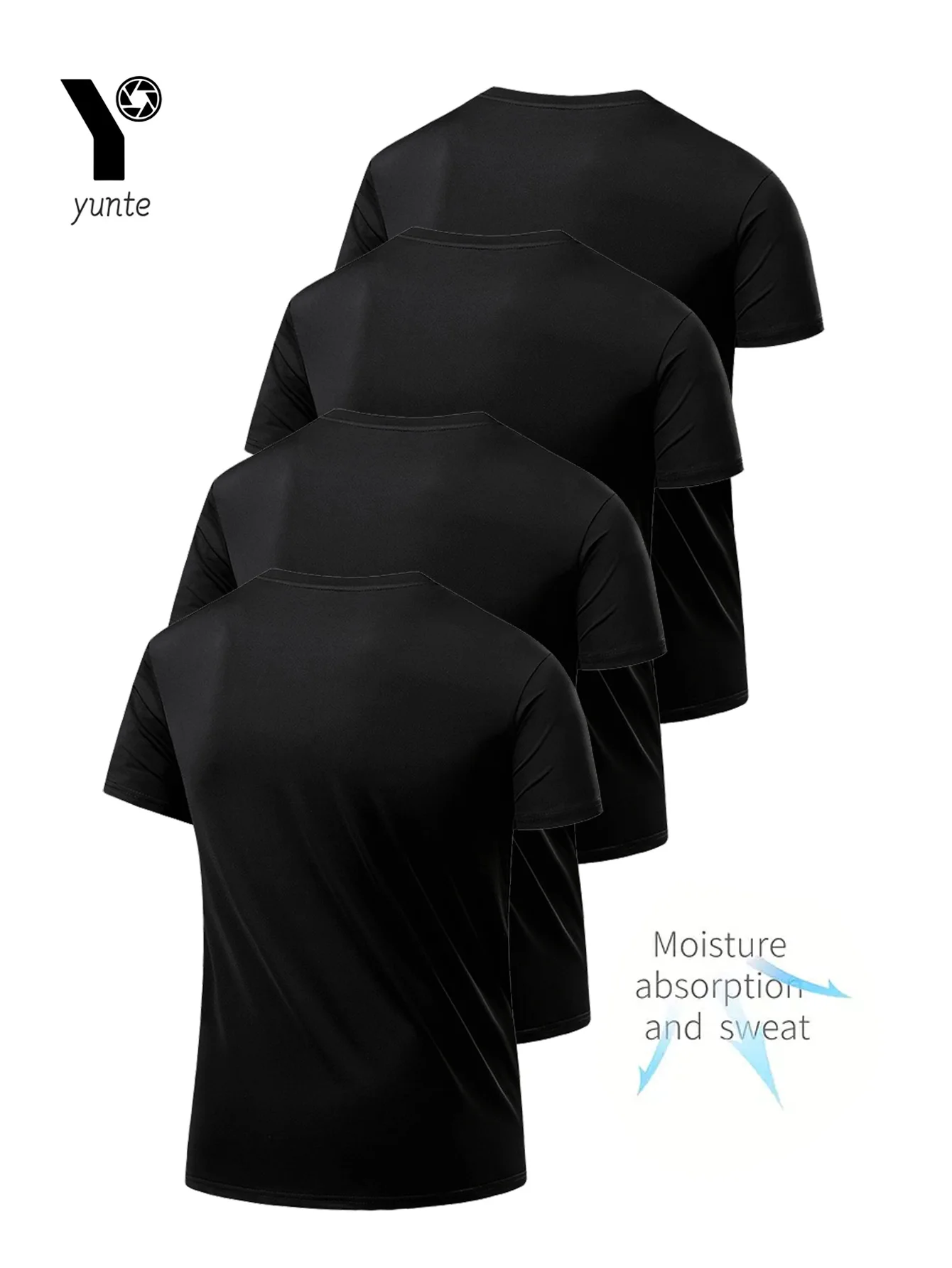 Round Neck T-Shirt 4-Pack Black Ultra-Light Men's Quick-Drying Breathable Sweat-Absorbent Shirt Suitable for Fitness Gym and Running