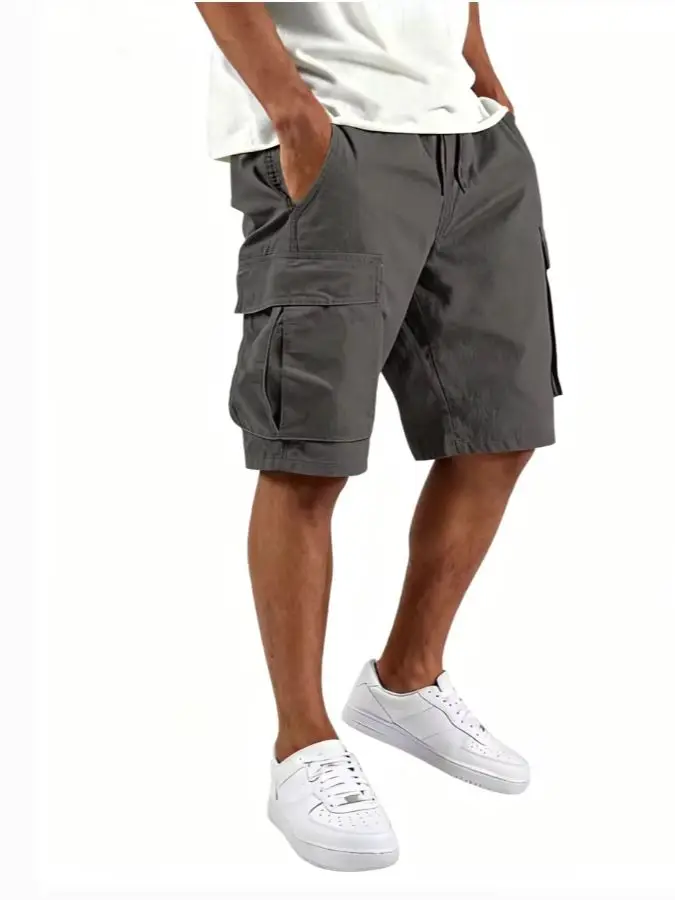 2026 Summer Men Loose Straight Pants Casual Multi-Pocket Shorts Pure Color Fashion Men Shorts Drawstring Daily Cargo Short Pants