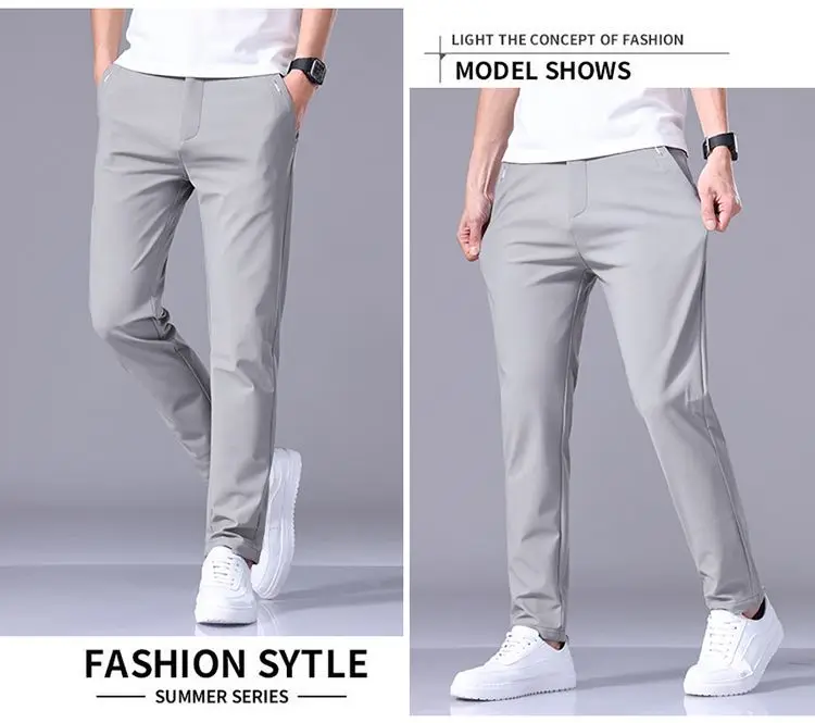 Ultra-thin Elastic Men's Casual Trousers Summer Quick-drying Ice Silk Slim Straight Business Solid Color Trousers Black Gray