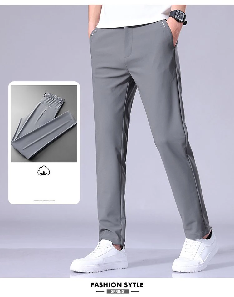 Ultra-thin Elastic Men's Casual Trousers Summer Quick-drying Ice Silk Slim Straight Business Solid Color Trousers Black Gray