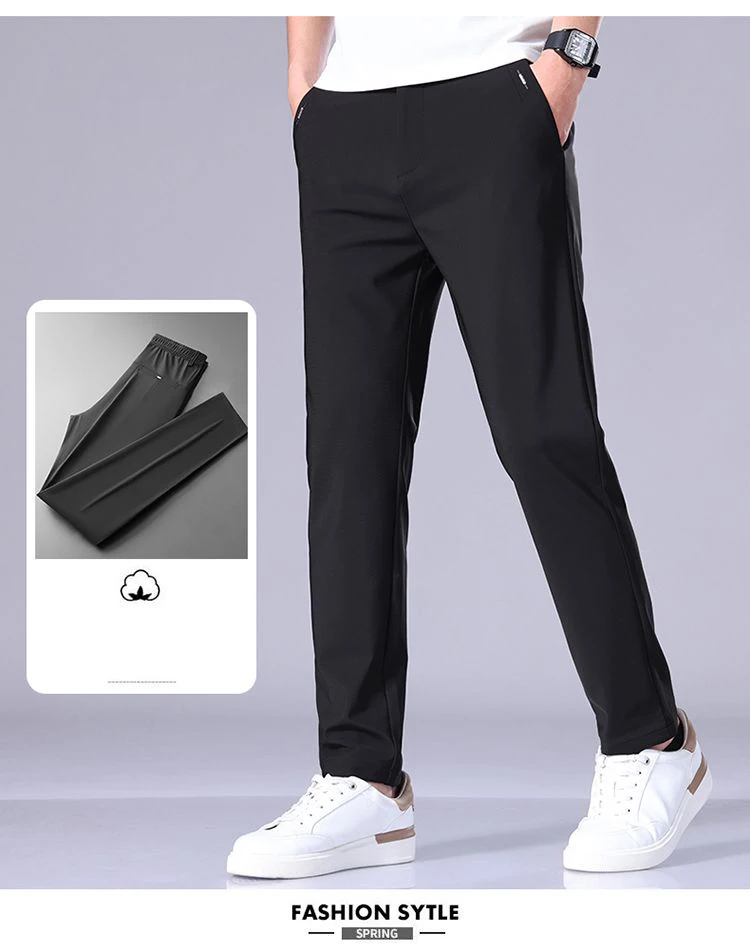 Ultra-thin Elastic Men's Casual Trousers Summer Quick-drying Ice Silk Slim Straight Business Solid Color Trousers Black Gray