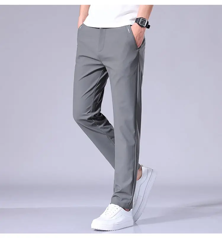 Ultra-thin Elastic Men's Casual Trousers Summer Quick-drying Ice Silk Slim Straight Business Solid Color Trousers Black Gray