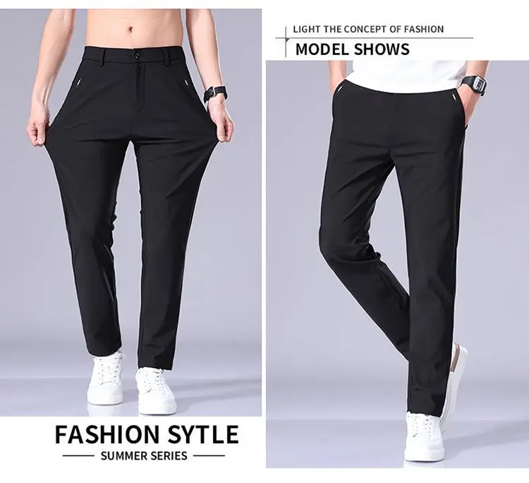Ultra-thin Elastic Men's Casual Trousers Summer Quick-drying Ice Silk Slim Straight Business Solid Color Trousers Black Gray