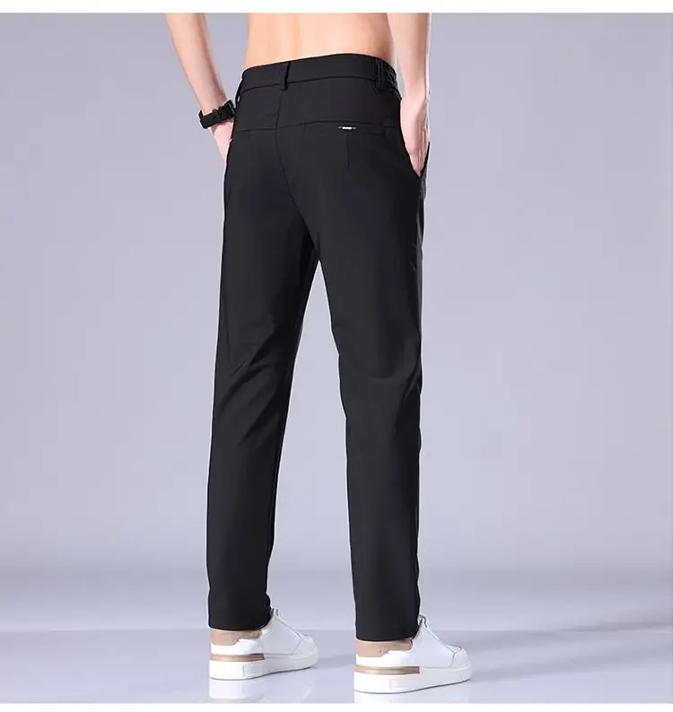 Ultra-thin Elastic Men's Casual Trousers Summer Quick-drying Ice Silk Slim Straight Business Solid Color Trousers Black Gray