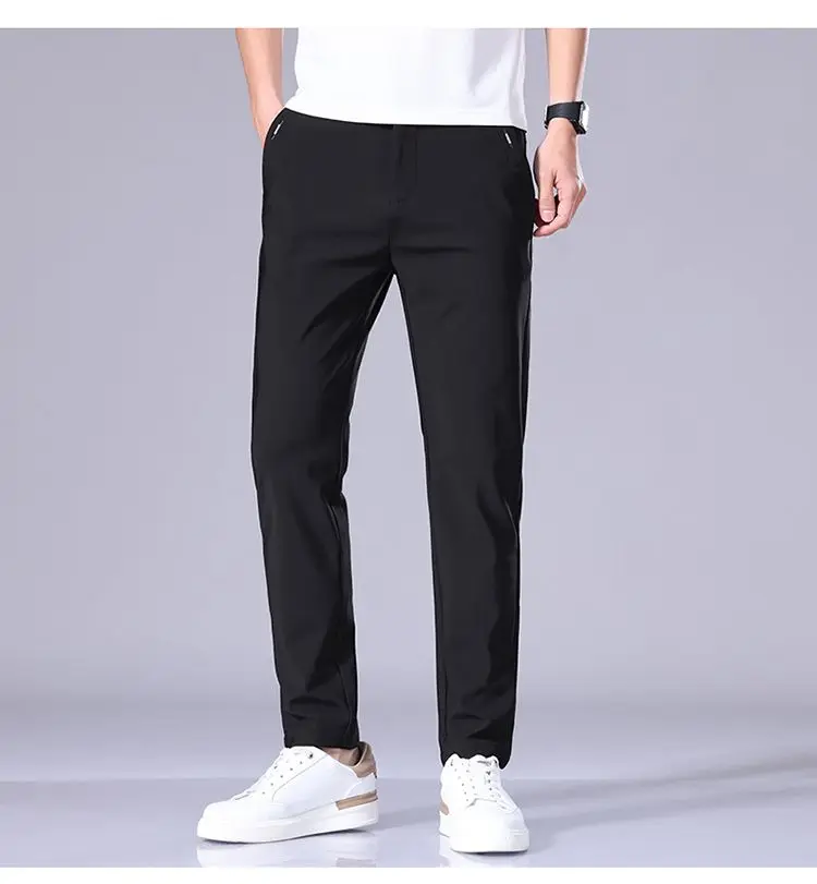 Ultra-thin Elastic Men's Casual Trousers Summer Quick-drying Ice Silk Slim Straight Business Solid Color Trousers Black Gray