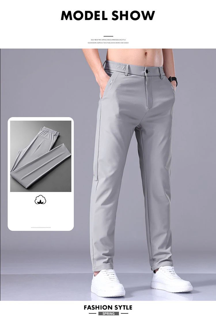 Ultra-thin Elastic Men's Casual Trousers Summer Quick-drying Ice Silk Slim Straight Business Solid Color Trousers Black Gray