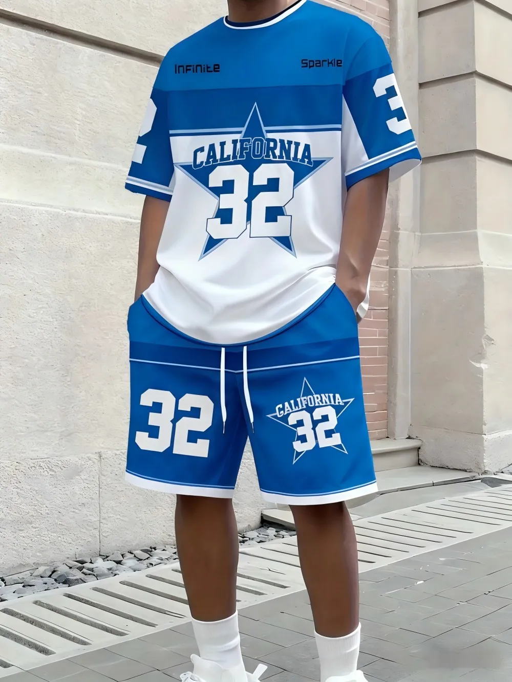 American Men's Summer Letter Stripe Print Comfortable Breathable Round Neck T-Shirt Drawstring Shorts Set Outdoor Streetwear