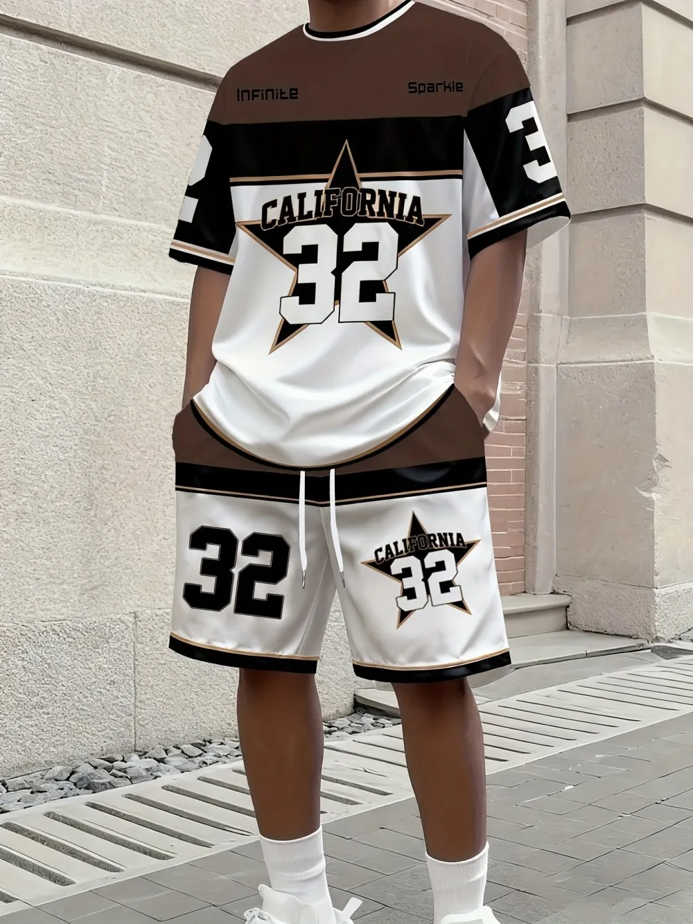 American Men's Summer Letter Stripe Print Comfortable Breathable Round Neck T-Shirt Drawstring Shorts Set Outdoor Streetwear