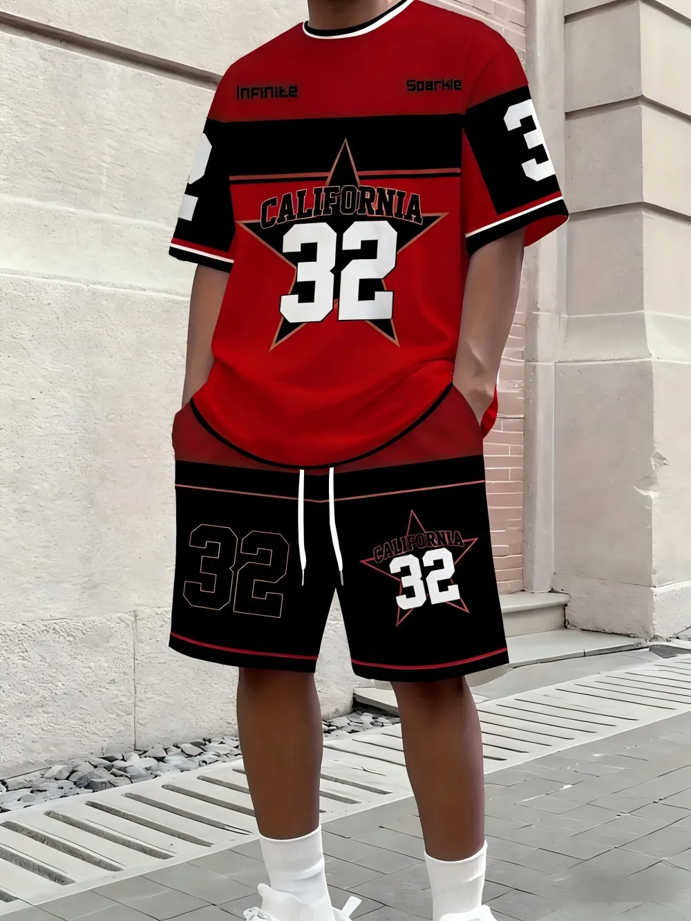 American Men's Summer Letter Stripe Print Comfortable Breathable Round Neck T-Shirt Drawstring Shorts Set Outdoor Streetwear