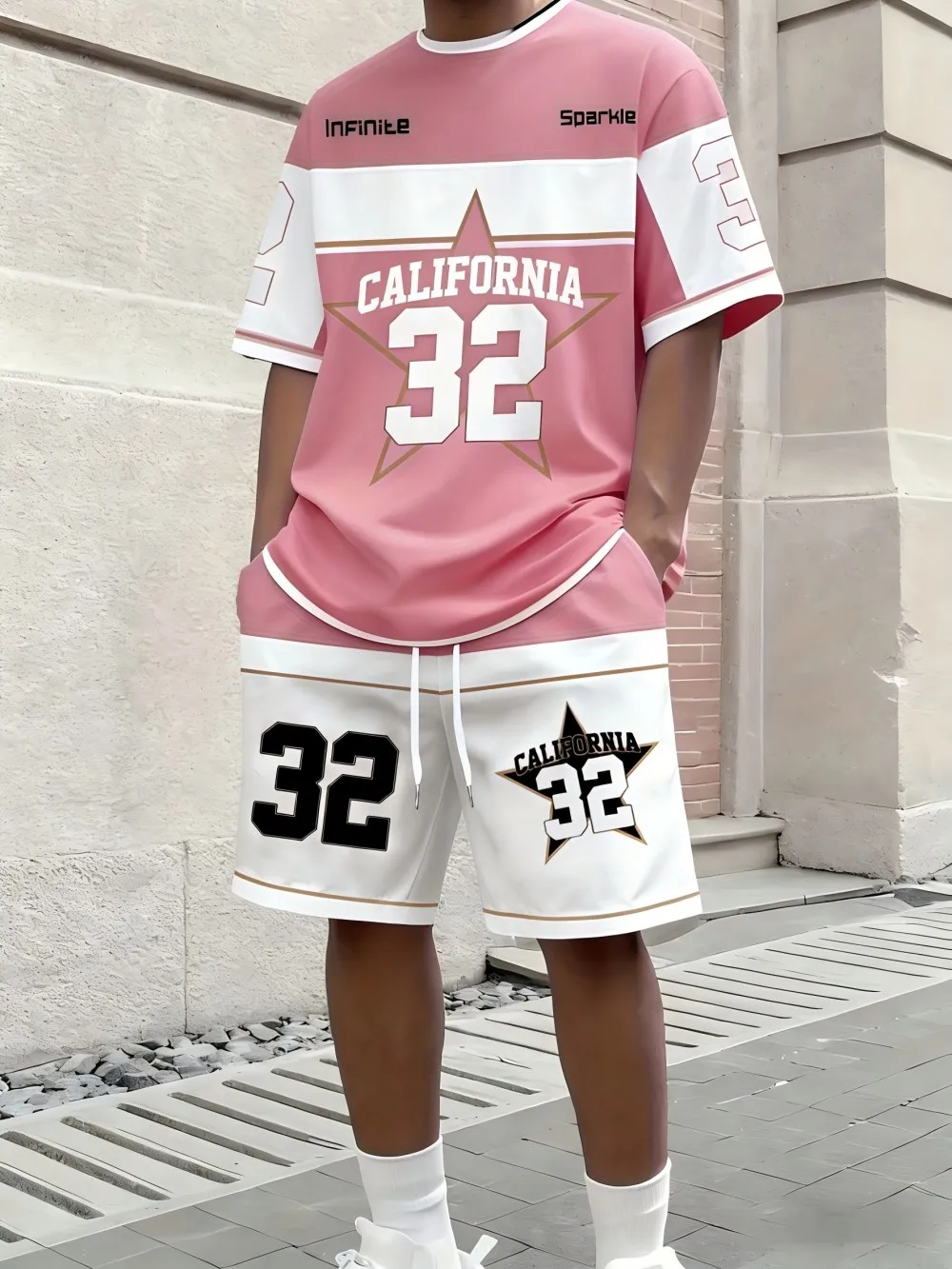 American Men's Summer Letter Stripe Print Comfortable Breathable Round Neck T-Shirt Drawstring Shorts Set Outdoor Streetwear