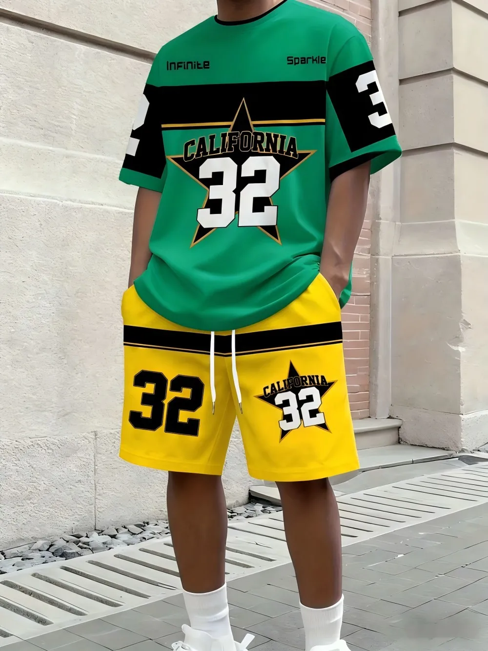 American Men's Summer Letter Stripe Print Comfortable Breathable Round Neck T-Shirt Drawstring Shorts Set Outdoor Streetwear