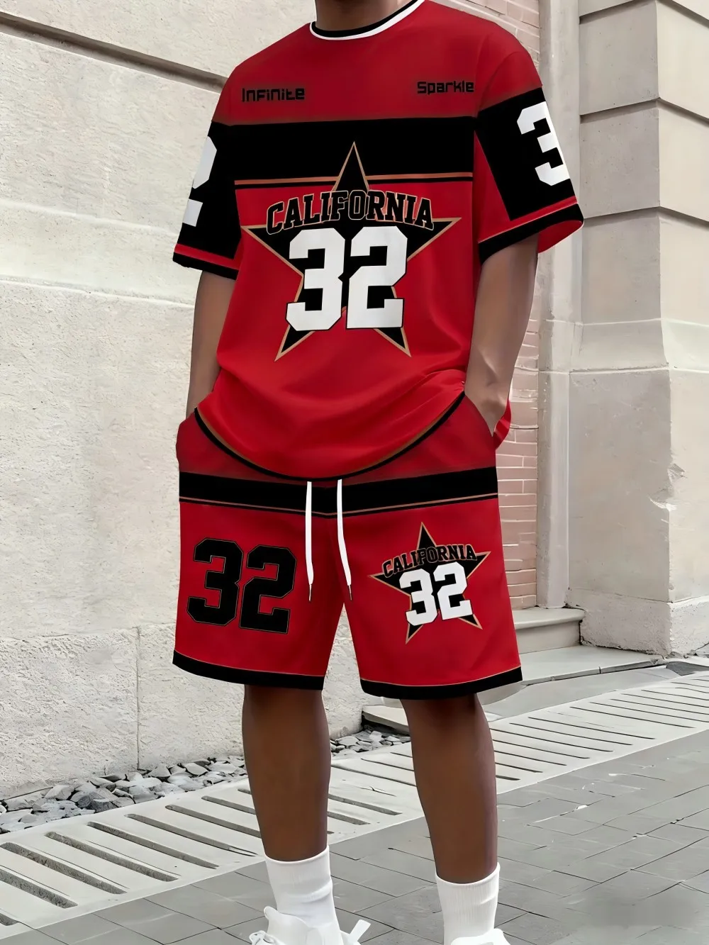 American Men's Summer Letter Stripe Print Comfortable Breathable Round Neck T-Shirt Drawstring Shorts Set Outdoor Streetwear